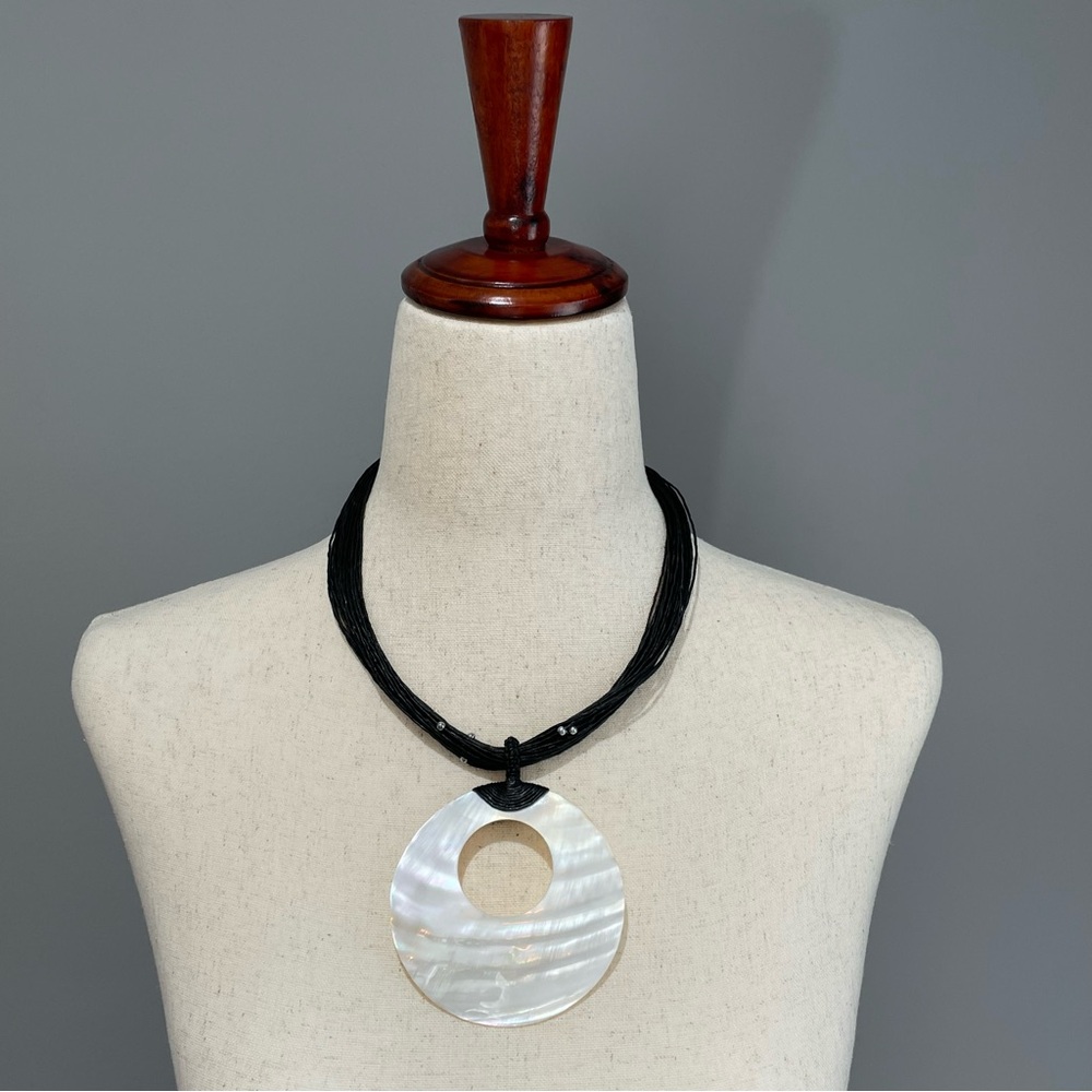 Mother of Pearl Necklace Black Waxed Thread Silver Beads Wooden Button Clasp